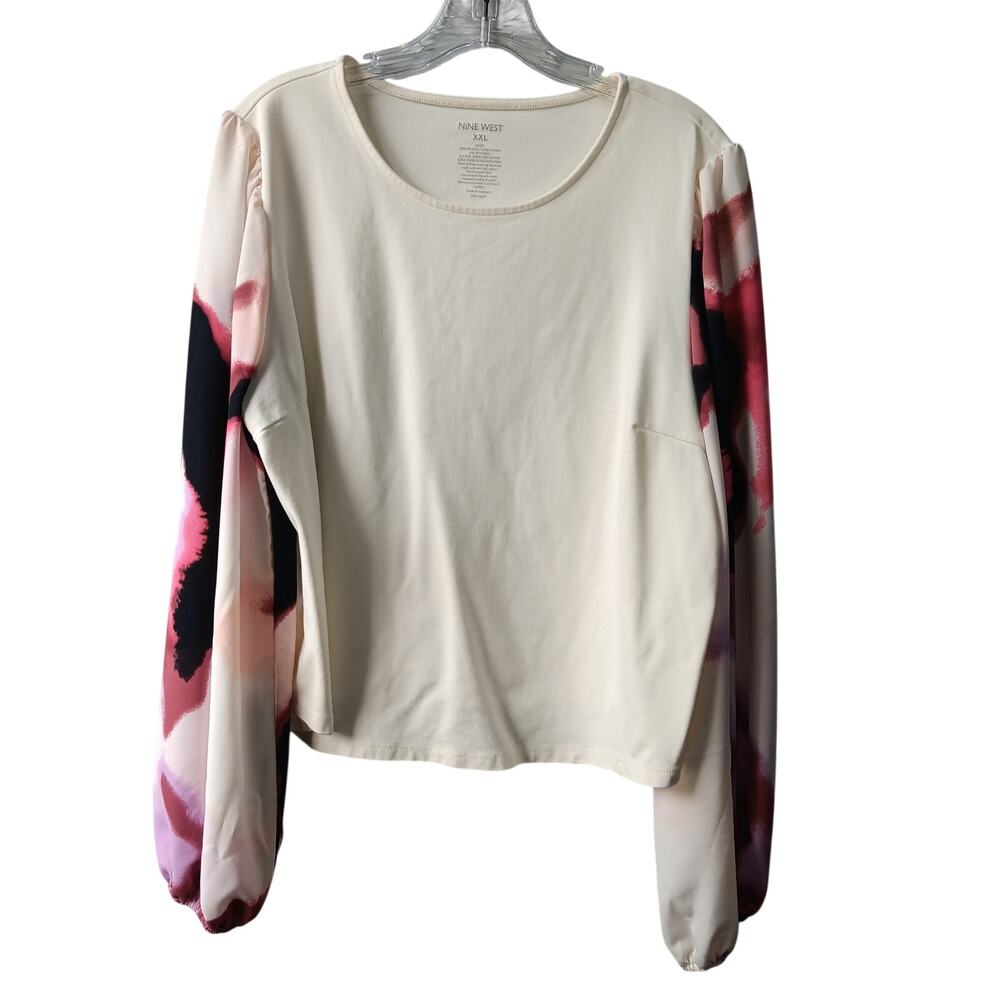 Nine West Top Women's XXL White Knit Multi-Color Sheer Long Sleeves Rounded Neck
